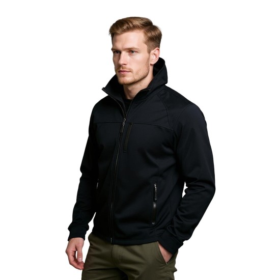 softshell siyah kapşonlu outdoor mont