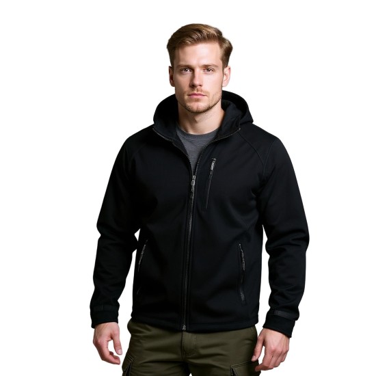 softshell siyah kapşonlu outdoor mont
